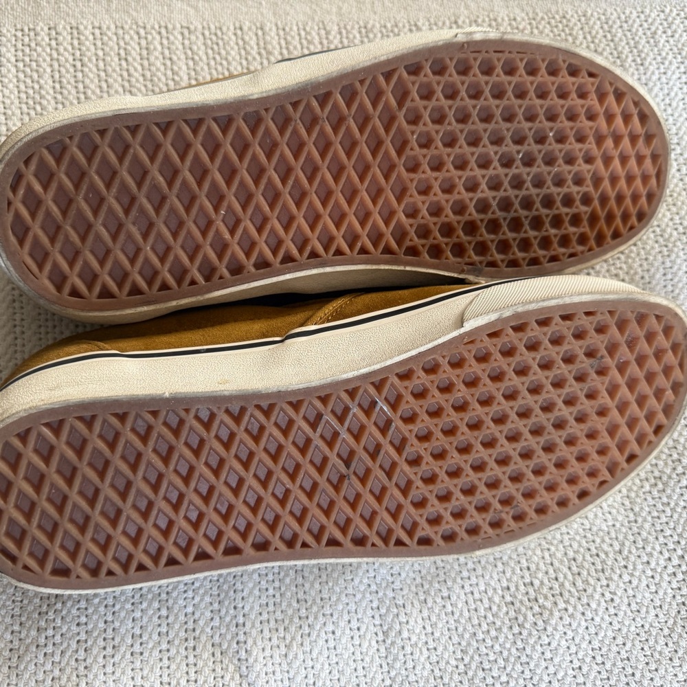 Vans Brown Plush Slip-On Sneakers with Red & Black Plaid Lining - Picture 3 of 6